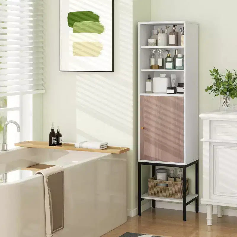 Meuble Colonne de Salle de Bain Costway de 57 po avec 1 Porte et 4 Étagères, Meuble Autonome Noir/Blanc