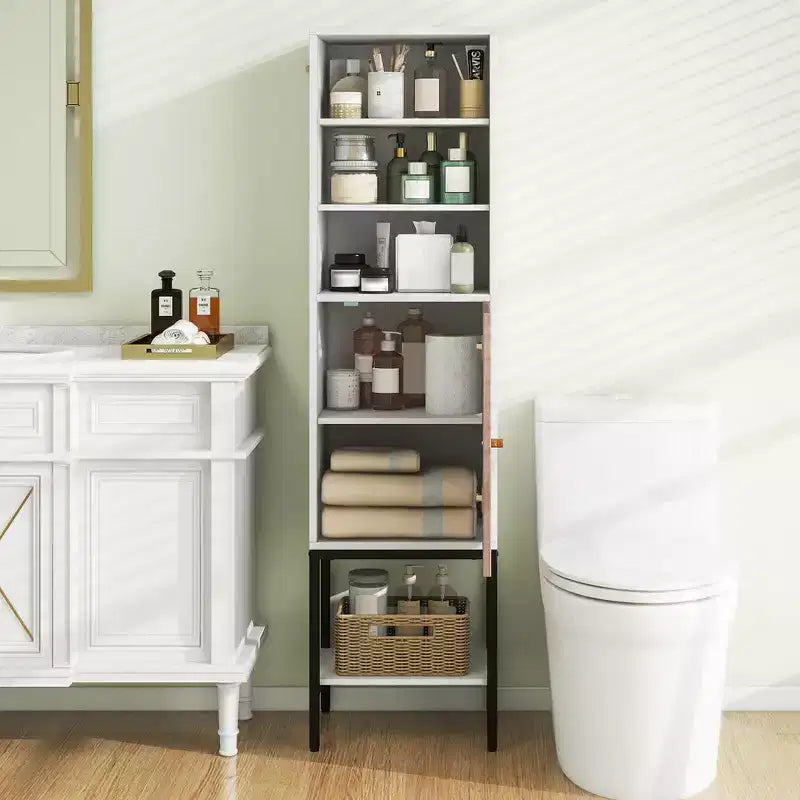 Meuble Colonne de Salle de Bain Costway de 57 po avec 1 Porte et 4 Étagères, Meuble Autonome Noir/Blanc