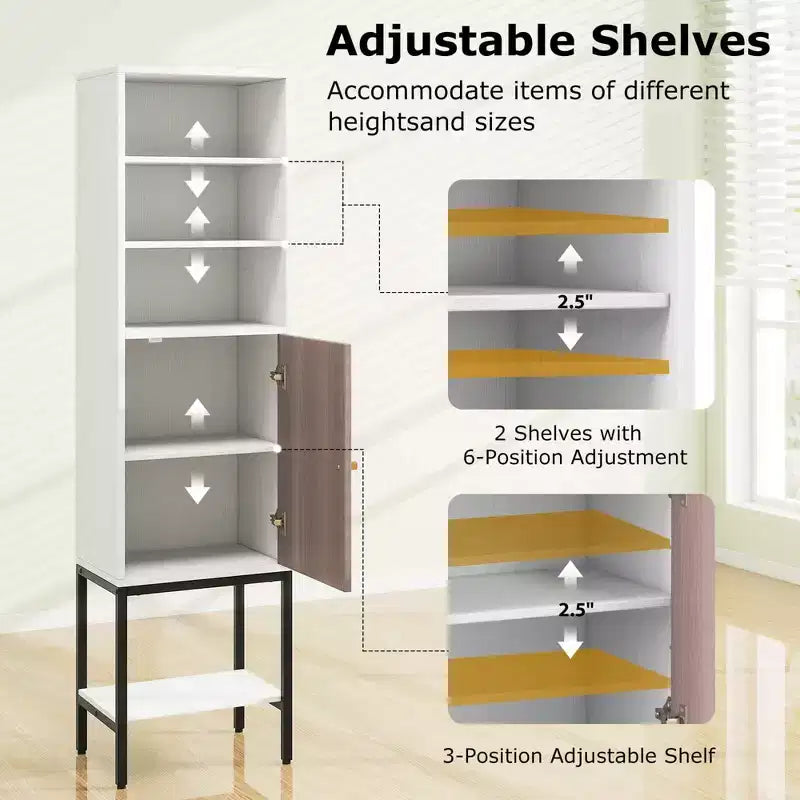 Meuble Colonne de Salle de Bain Costway de 57 po avec 1 Porte et 4 Étagères, Meuble Autonome Noir/Blanc