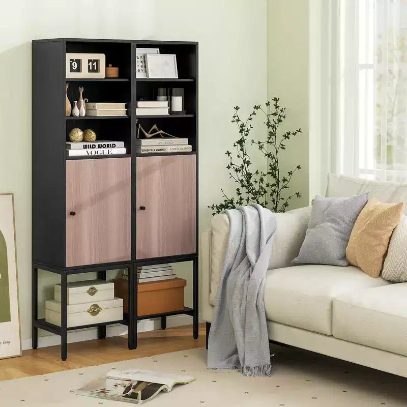 Meuble Colonne de Salle de Bain Costway de 57 po avec 1 Porte et 4 Étagères, Meuble Autonome Noir/Blanc