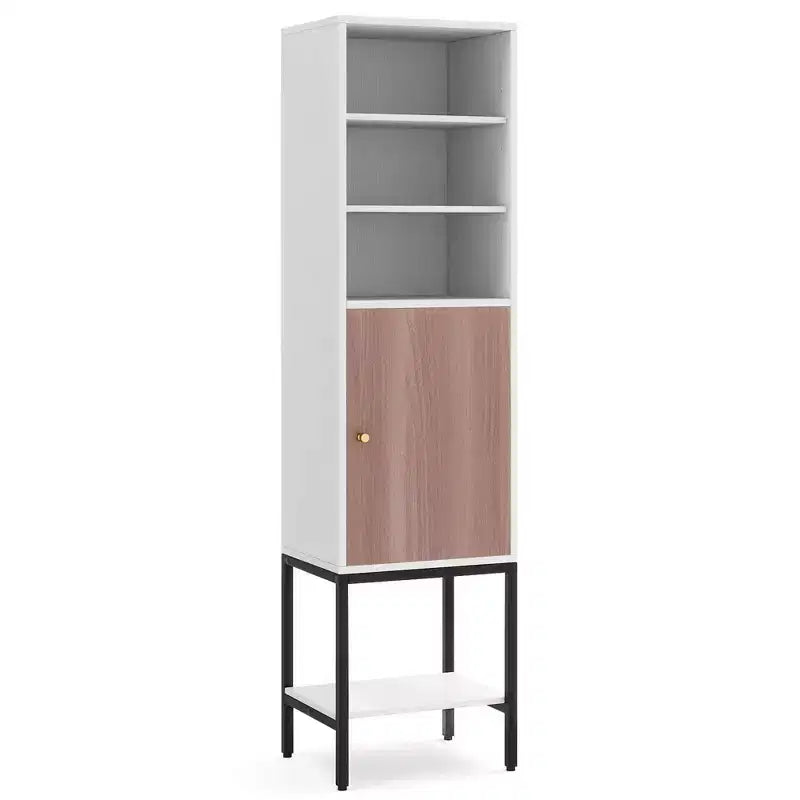 Meuble Colonne de Salle de Bain Costway de 57 po avec 1 Porte et 4 Étagères, Meuble Autonome Noir/Blanc