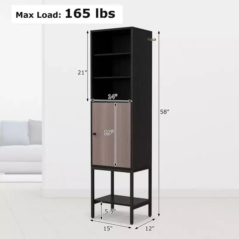 Meuble Colonne de Salle de Bain Costway de 57 po avec 1 Porte et 4 Étagères, Meuble Autonome Noir/Blanc