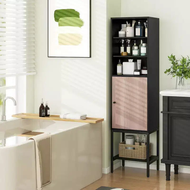 Meuble Colonne de Salle de Bain Costway de 57 po avec 1 Porte et 4 Étagères, Meuble Autonome Noir/Blanc