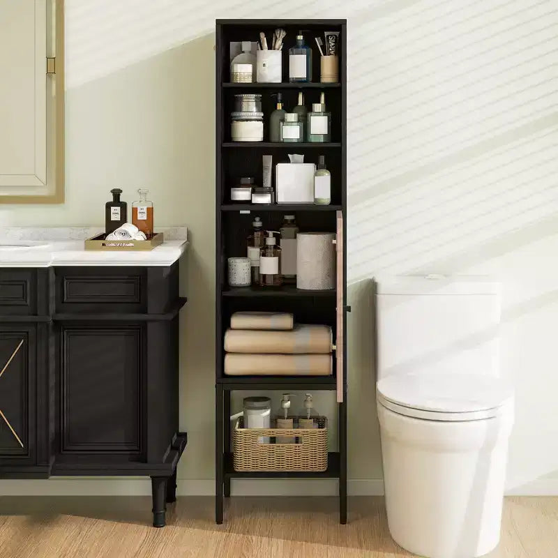 Meuble Colonne de Salle de Bain Costway de 57 po avec 1 Porte et 4 Étagères, Meuble Autonome Noir/Blanc