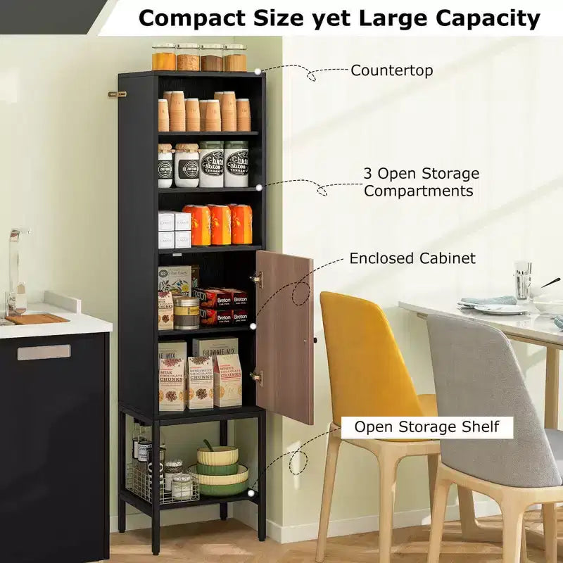 Meuble Colonne de Salle de Bain Costway de 57 po avec 1 Porte et 4 Étagères, Meuble Autonome Noir/Blanc