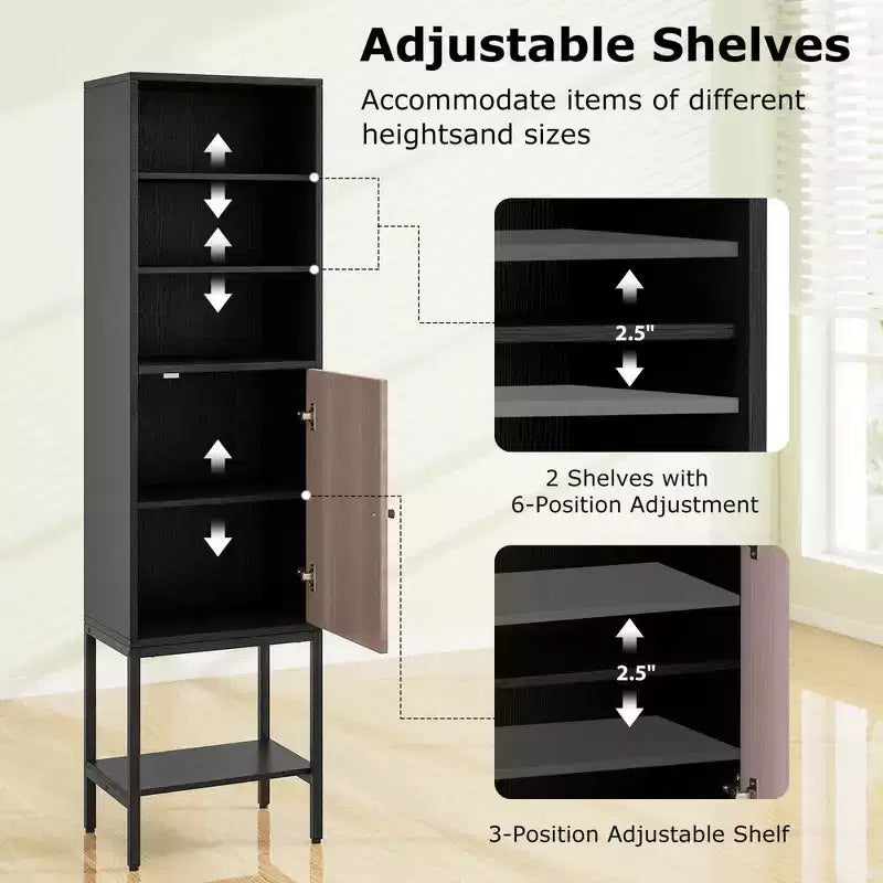 Meuble Colonne de Salle de Bain Costway de 57 po avec 1 Porte et 4 Étagères, Meuble Autonome Noir/Blanc