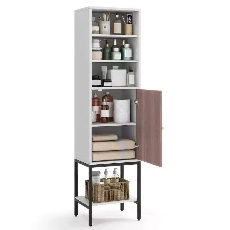 Meuble Colonne de Salle de Bain Costway de 57 po avec 1 Porte et 4 Étagères, Meuble Autonome Noir/Blanc