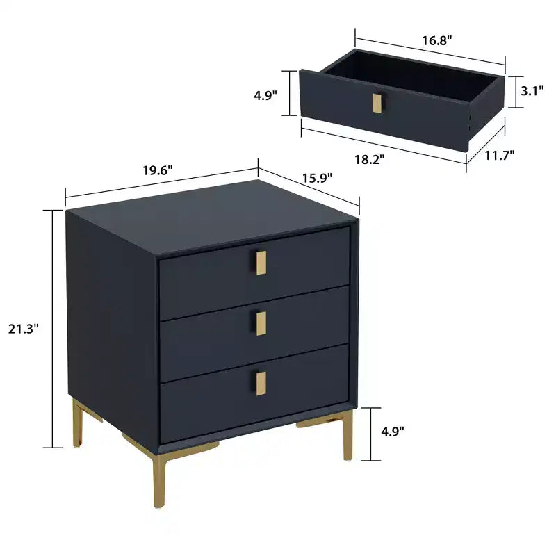 Hitow Table de Chevet 3 Tiroirs avec Base en Métal