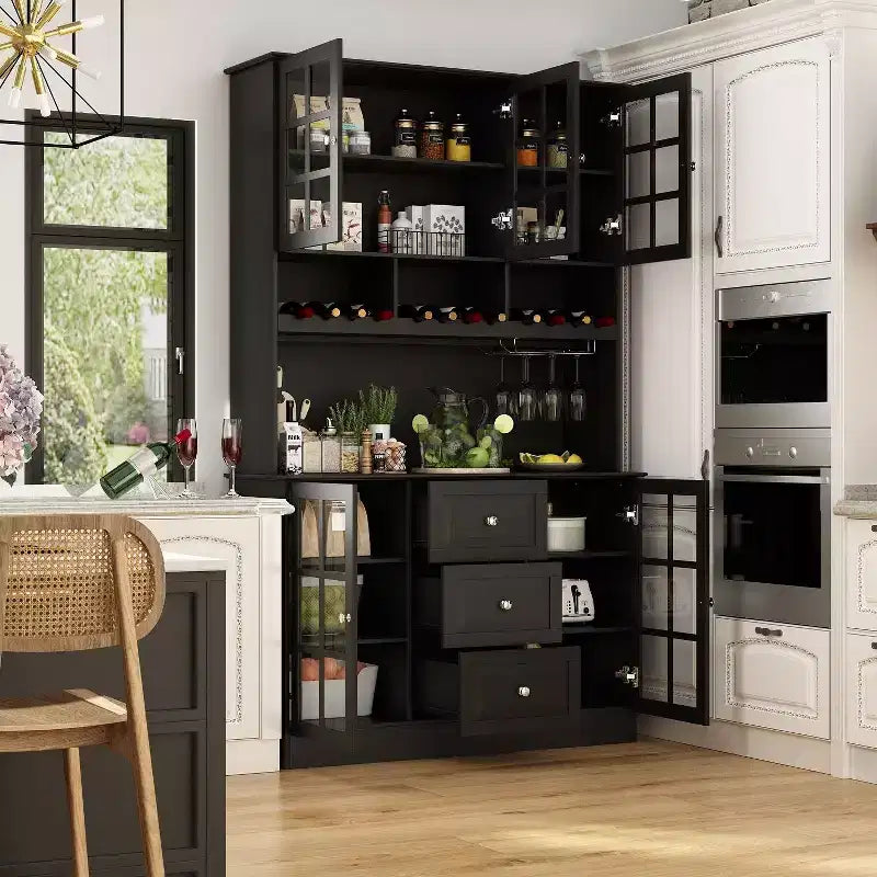 Meuble de cuisine en bois Hitow avec 3 tiroirs, 13 étagères et supports pour tasses et bouteilles