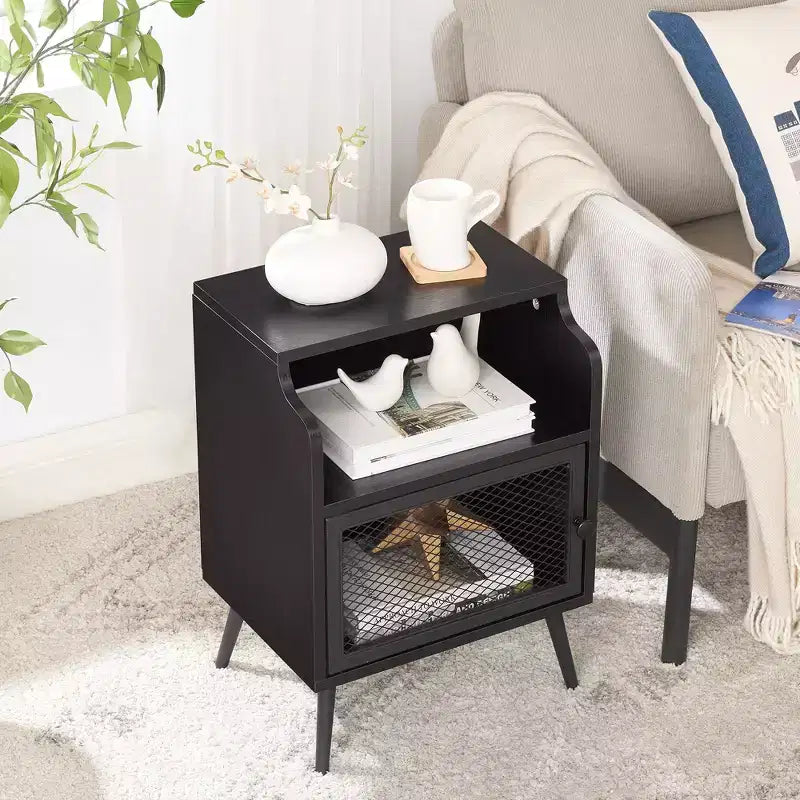 Table de chevet industrielle VECELO de style Mid-Century avec tiroir ouvert et étagère, marron/noir