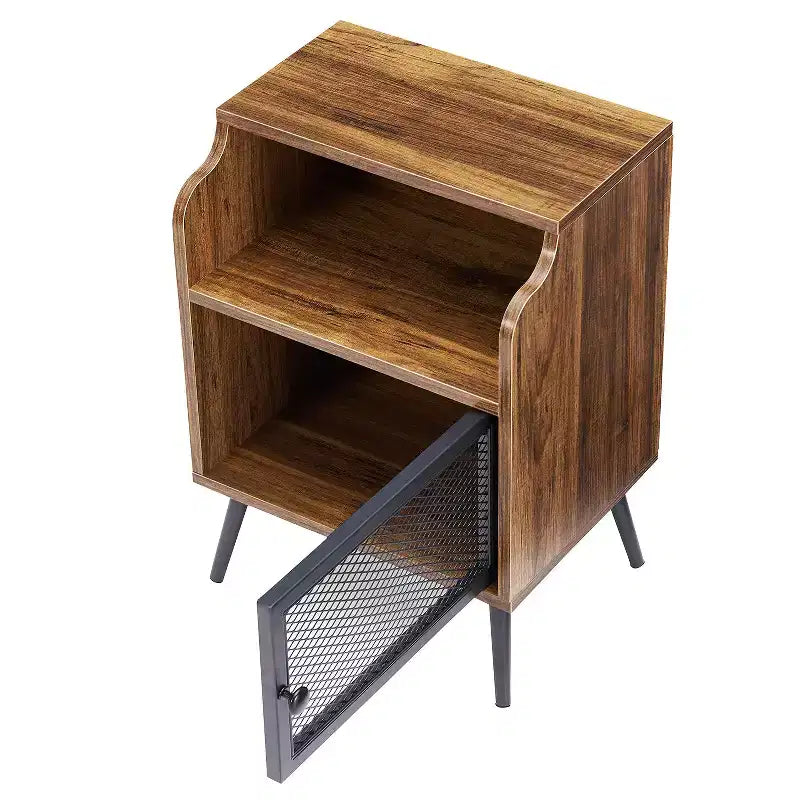 Table de chevet industrielle VECELO de style Mid-Century avec tiroir ouvert et étagère, marron/noir