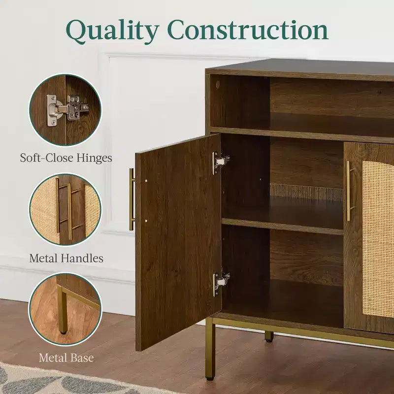 Meuble de rangement en rotin arqué à 2 portes Best Choice Products, buffet, avec découpe pour cordon, étagère de rangement réglable