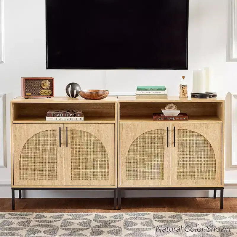 Meuble de rangement en rotin arqué à 2 portes Best Choice Products, buffet, avec découpe pour cordon, étagère de rangement réglable
