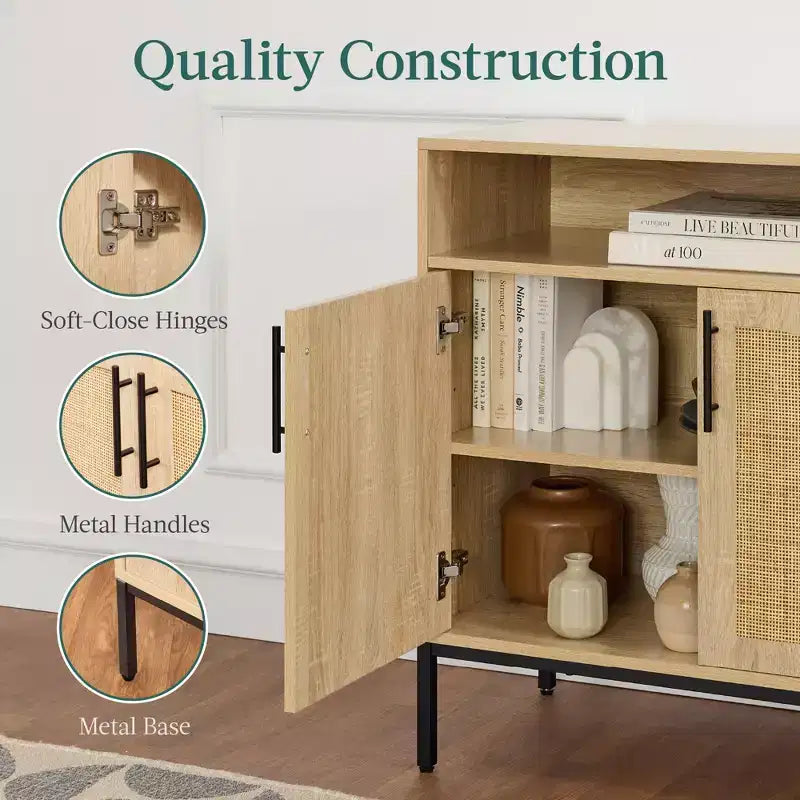 Meuble de rangement en rotin arqué à 2 portes Best Choice Products, buffet, avec découpe pour cordon, étagère de rangement réglable