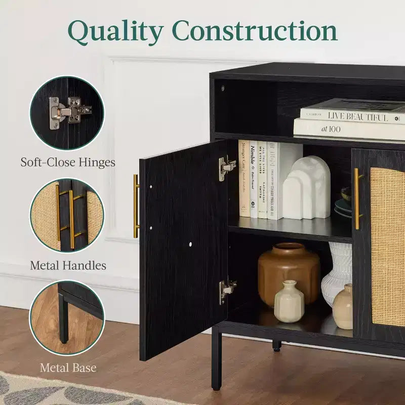 Meuble de rangement en rotin arqué à 2 portes Best Choice Products, buffet, avec découpe pour cordon, étagère de rangement réglable