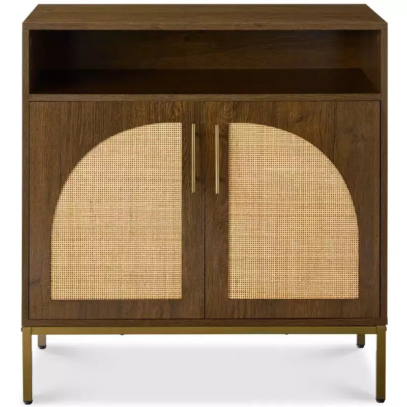 Meuble de rangement en rotin arqué à 2 portes Best Choice Products, buffet, avec découpe pour cordon, étagère de rangement réglable