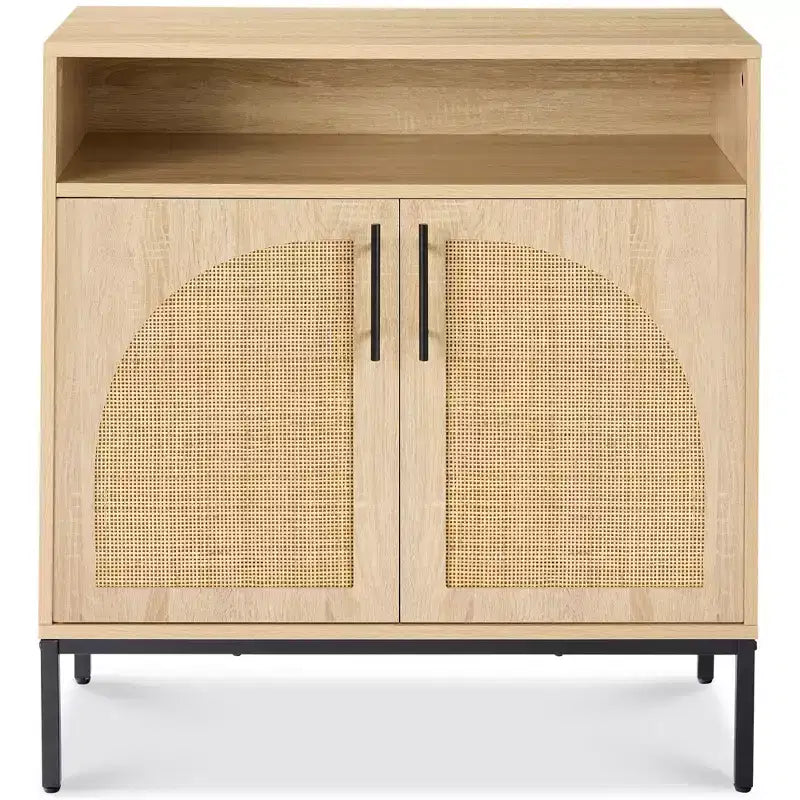 Meuble de rangement en rotin arqué à 2 portes Best Choice Products, buffet, avec découpe pour cordon, étagère de rangement réglable