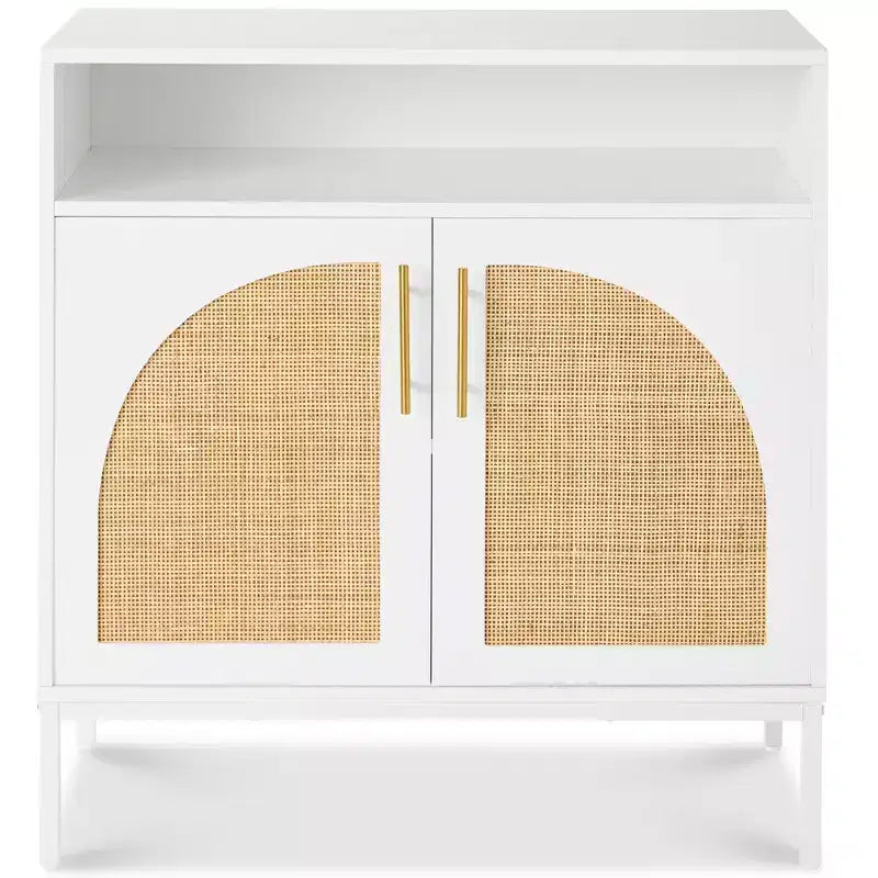 Meuble de rangement en rotin arqué à 2 portes Best Choice Products, buffet, avec découpe pour cordon, étagère de rangement réglable