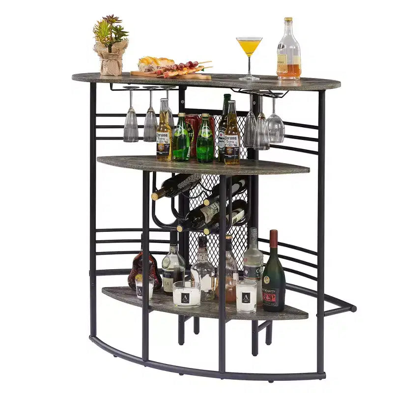 Table de bar industrielle ovale VECELO, table haute à 3 niveaux avec casier à vin et porte-verres, meuble de bar d'angle avec repose-pieds Marron/Gris/Chêne