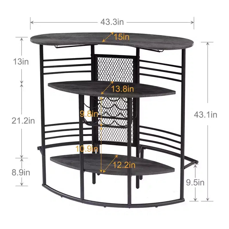 Table de bar industrielle ovale VECELO, table haute à 3 niveaux avec casier à vin et porte-verres, meuble de bar d'angle avec repose-pieds Marron/Gris/Chêne