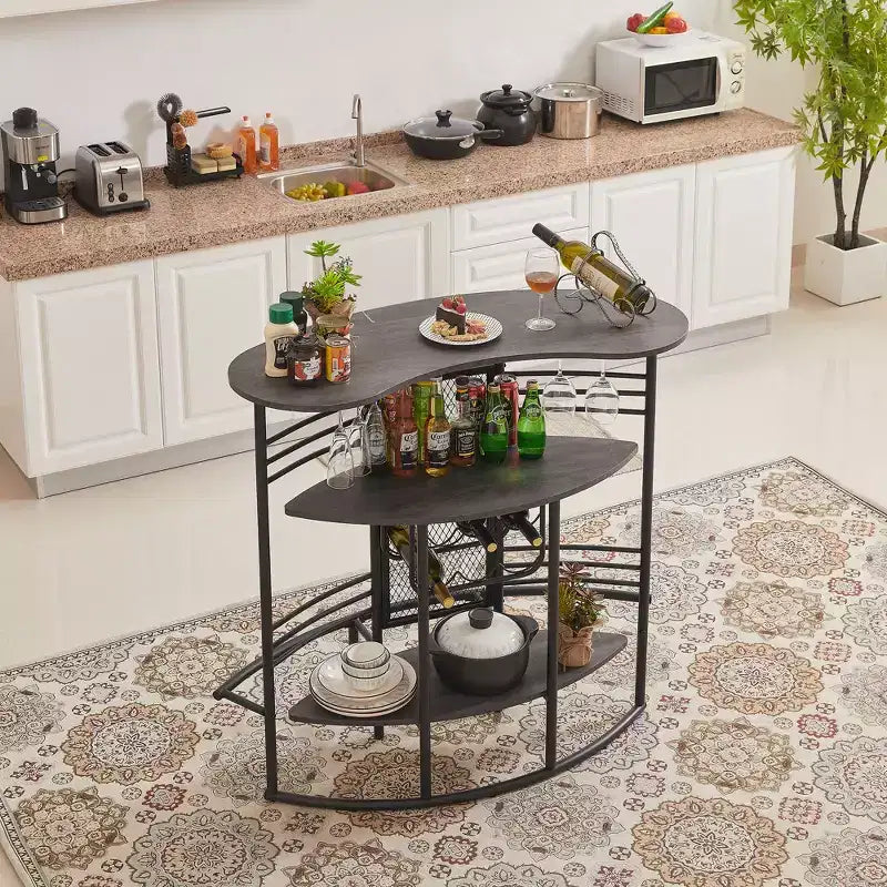 Table de bar industrielle ovale VECELO, table haute à 3 niveaux avec casier à vin et porte-verres, meuble de bar d'angle avec repose-pieds Marron/Gris/Chêne
