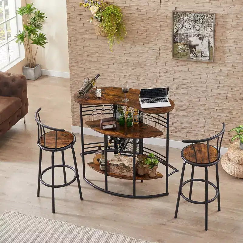 Table de bar industrielle ovale VECELO, table haute à 3 niveaux avec casier à vin et porte-verres, meuble de bar d'angle avec repose-pieds Marron/Gris/Chêne
