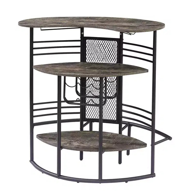 Table de bar ovale industrielle à 3 niveaux avec porte-bouteilles et porte-verres, meuble de bar d'angle avec repose-pieds marron/gris/chêne