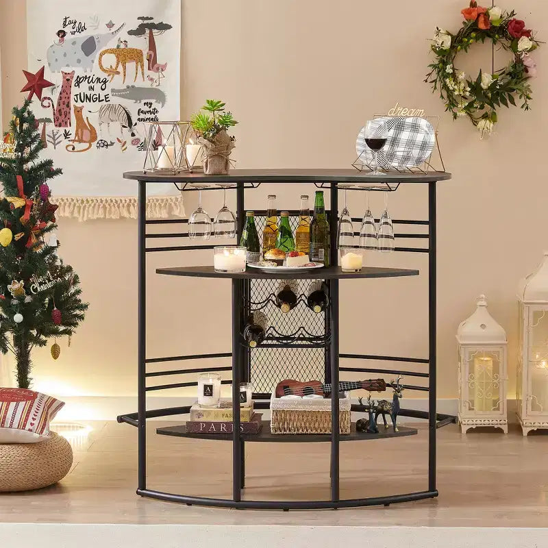 Table de bar ovale industrielle à 3 niveaux avec porte-bouteilles et porte-verres, meuble de bar d'angle avec repose-pieds marron/gris/chêne