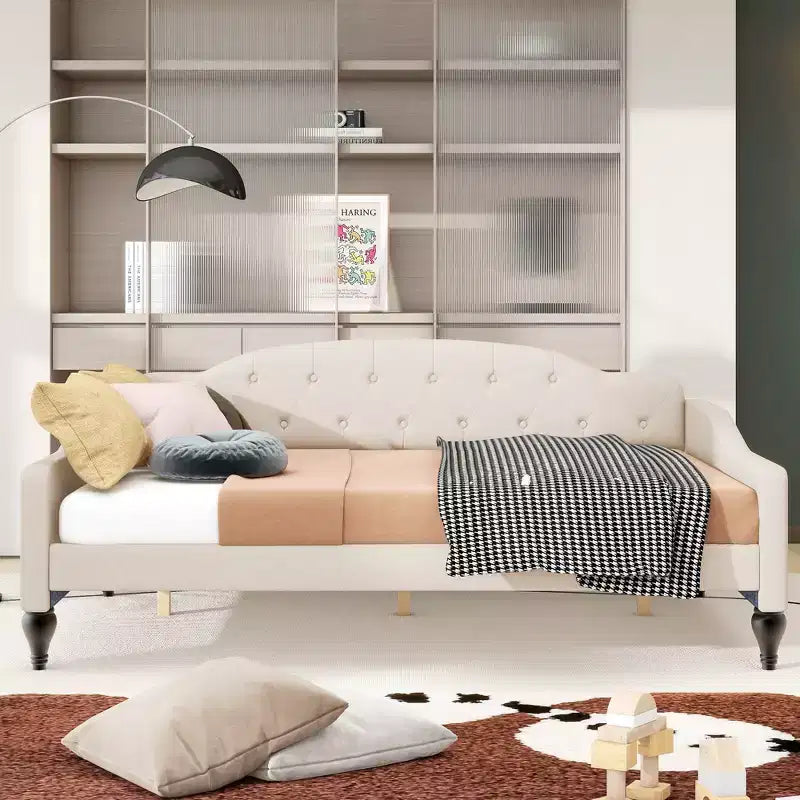 Lit de repos capitonné pleine taille, cadre de canapé-lit capitonné avec/sans tiroirs/lit gigogne double, beige - ModernLuxe