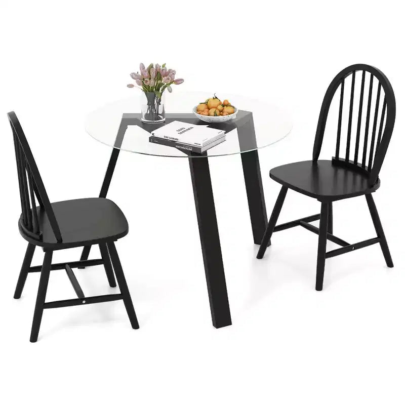 Ensemble de salle à manger 3 pièces Costway pour 2, table ronde avec 2 chaises, cadre en bois d'hévéa massif, moderne Noir/Beige