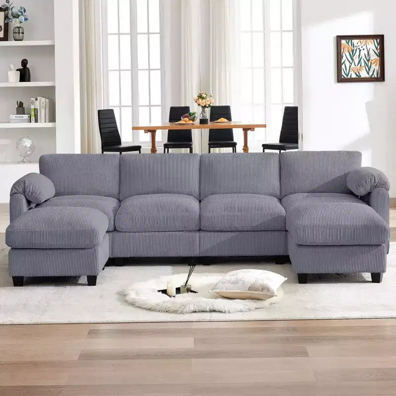 HYLEORY Canapé d'angle modulaire en velours côtelé avec deux ottomans mobiles, canapé rembourré confortable en forme de U avec coussin de siège à deux couches pour le salon