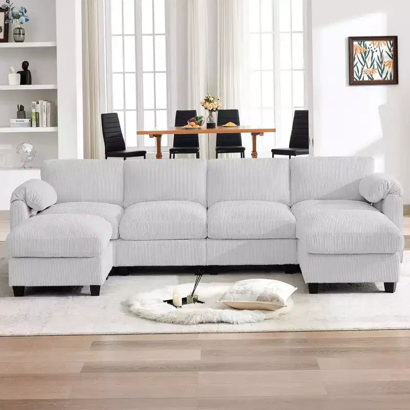 HYLEORY Canapé d'angle modulaire en velours côtelé avec deux ottomans mobiles, canapé rembourré confortable en forme de U avec coussin de siège à deux couches pour le salon