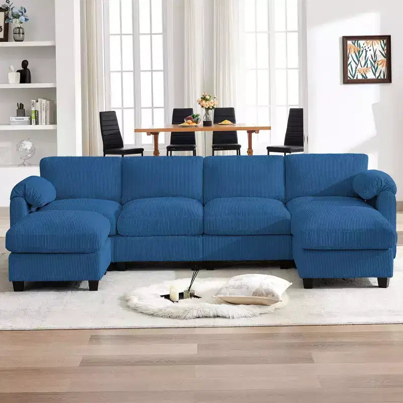 HYLEORY Canapé d'angle modulaire en velours côtelé avec deux ottomans mobiles, canapé rembourré confortable en forme de U avec coussin de siège à deux couches pour le salon