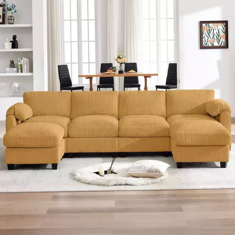 HYLEORY Canapé d'angle modulaire en velours côtelé avec deux ottomans mobiles, canapé rembourré confortable en forme de U avec coussin de siège à deux couches pour le salon