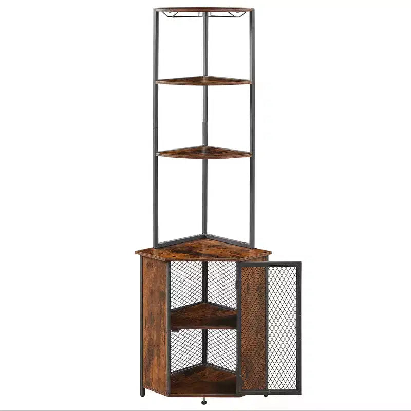 VECELO Bibliothèque d'angle haute 63" - Étagère d'angle 6 niveaux - Meuble de rangement avec éclairage LED et station de recharge - Petit espace - Marron/Gris/Or