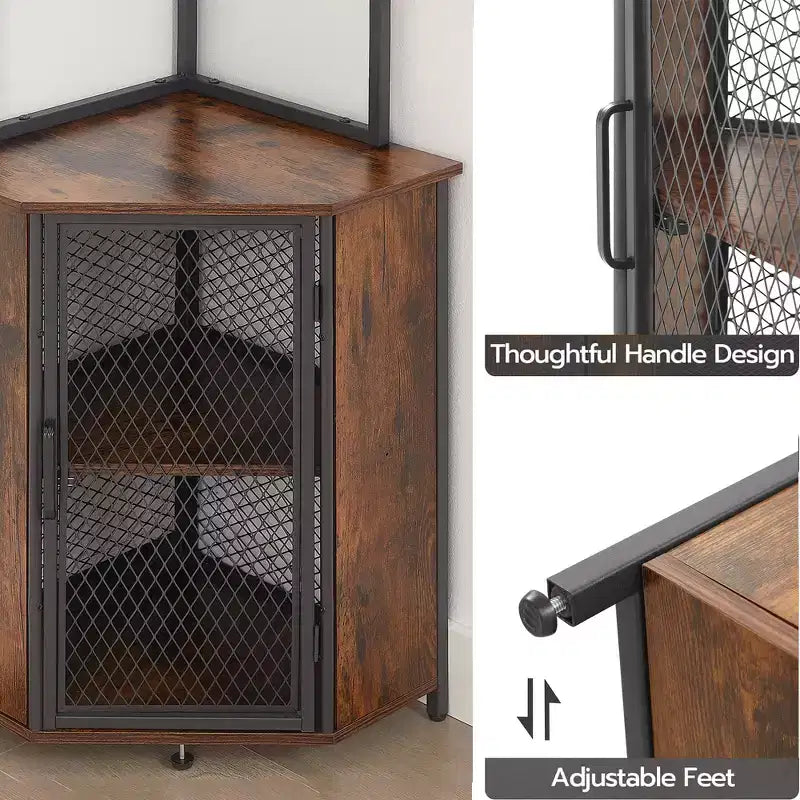 VECELO Bibliothèque d'angle haute 63" - Étagère d'angle 6 niveaux - Meuble de rangement avec éclairage LED et station de recharge - Petit espace - Marron/Gris/Or