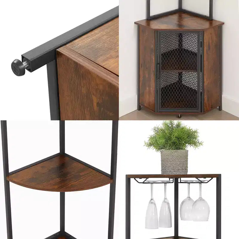 VECELO Bibliothèque d'angle haute 63" - Étagère d'angle 6 niveaux - Meuble de rangement avec éclairage LED et station de recharge - Petit espace - Marron/Gris/Or