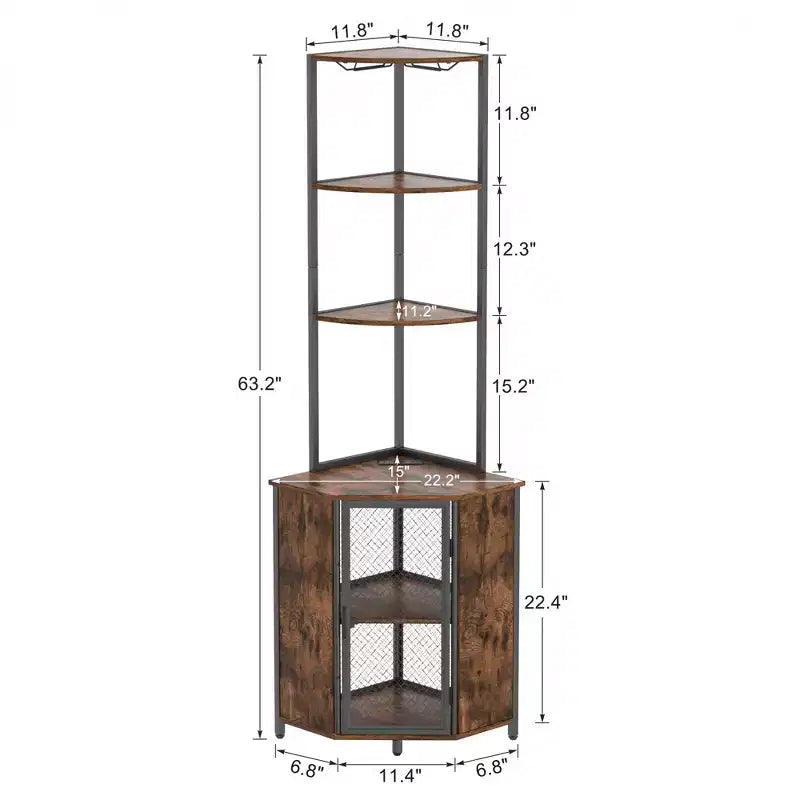 VECELO Bibliothèque d'angle haute 63" - Étagère d'angle 6 niveaux - Meuble de rangement avec éclairage LED et station de recharge - Petit espace - Marron/Gris/Or