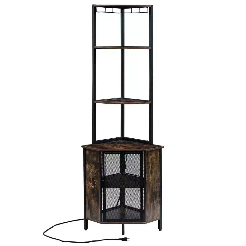 VECELO Bibliothèque d'angle haute 63" - Étagère d'angle 6 niveaux - Meuble de rangement avec éclairage LED et station de recharge - Petit espace - Marron/Gris/Or