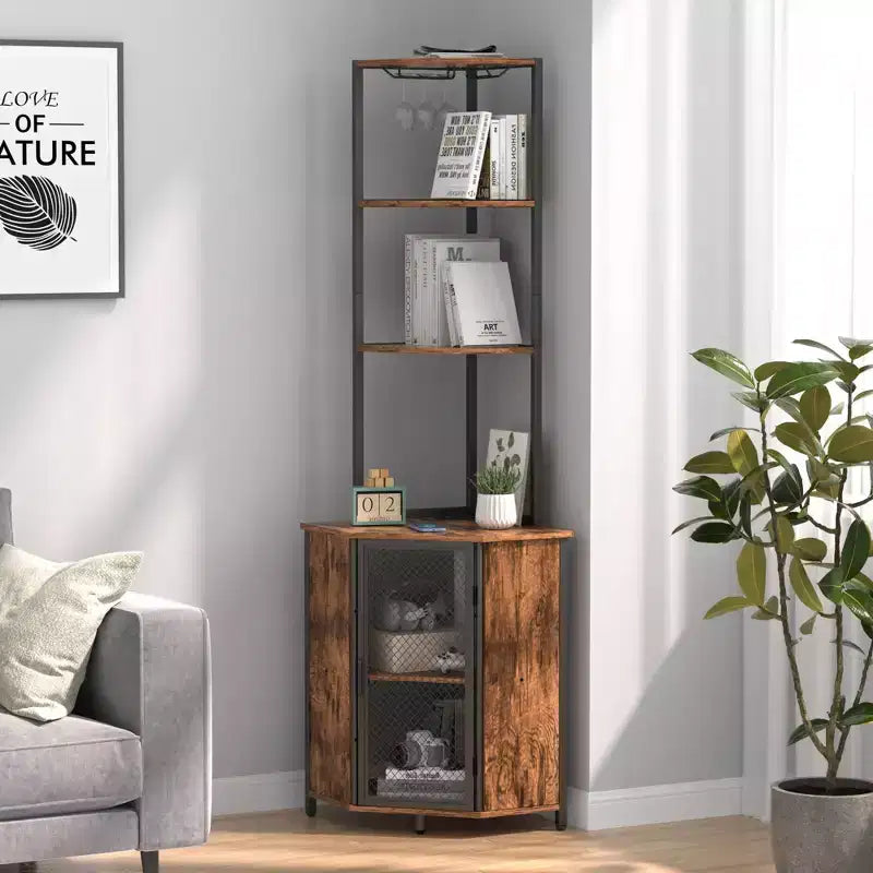 VECELO Bibliothèque d'angle haute 63" - Étagère d'angle 6 niveaux - Meuble de rangement avec éclairage LED et station de recharge - Petit espace - Marron/Gris/Or