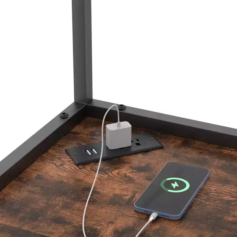 VECELO Bibliothèque d'angle haute 63" - Étagère d'angle 6 niveaux - Meuble de rangement avec éclairage LED et station de recharge - Petit espace - Marron/Gris/Or