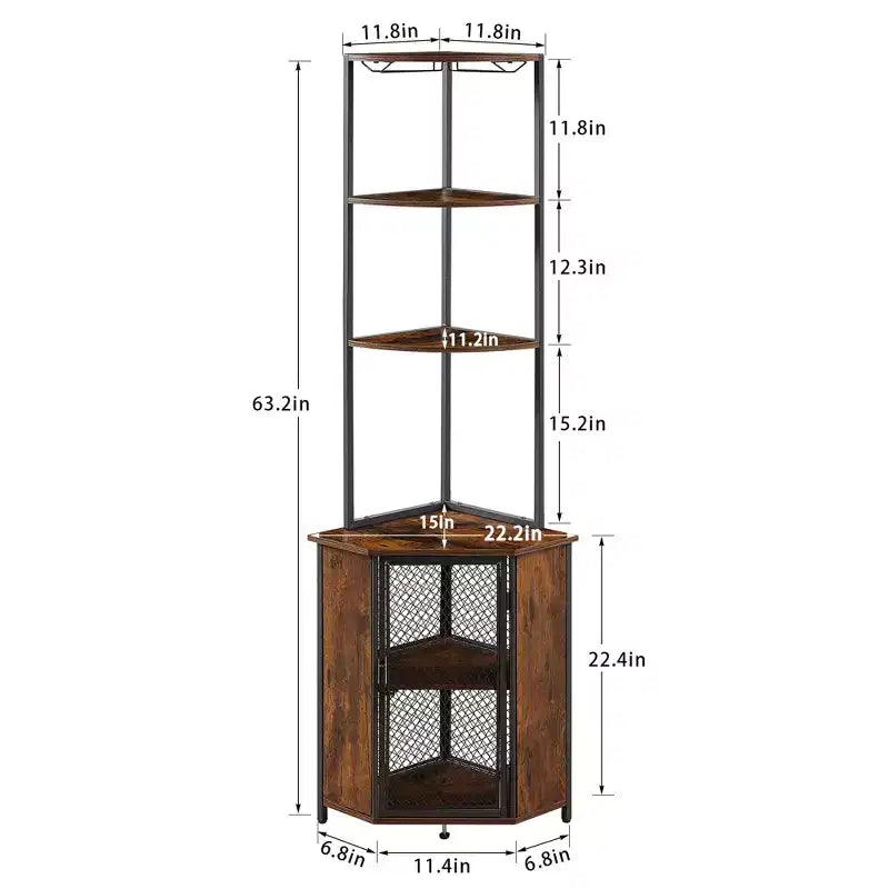 VECELO Bibliothèque d'angle haute 63" - Étagère d'angle 6 niveaux - Meuble de rangement avec éclairage LED et station de recharge - Petit espace - Marron/Gris/Or