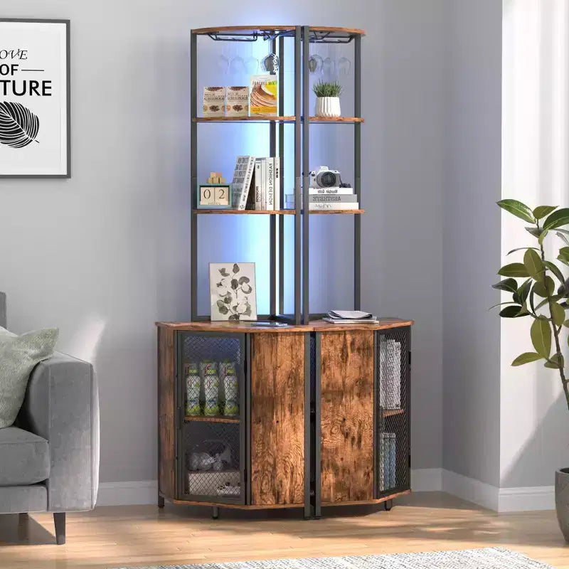 VECELO Bibliothèque d'angle haute 63" - Étagère d'angle 6 niveaux - Meuble de rangement avec éclairage LED et station de recharge - Petit espace - Marron/Gris/Or