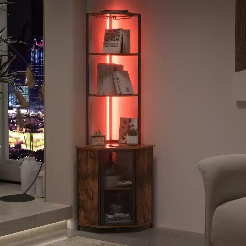 VECELO Bibliothèque d'angle haute 63" - Étagère d'angle 6 niveaux - Meuble de rangement avec éclairage LED et station de recharge - Petit espace - Marron/Gris/Or