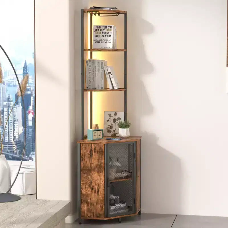 VECELO Bibliothèque d'angle haute 63" - Étagère d'angle 6 niveaux - Meuble de rangement avec éclairage LED et station de recharge - Petit espace - Marron/Gris/Or