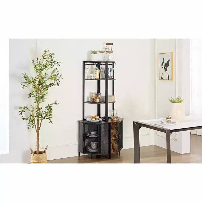 VECELO Bibliothèque d'angle haute 63" - Étagère d'angle 6 niveaux - Meuble de rangement avec éclairage LED et station de recharge - Petit espace - Marron/Gris/Or