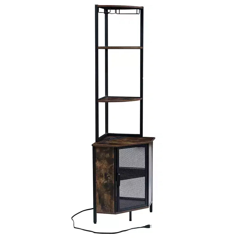VECELO Bibliothèque d'angle haute 63" - Étagère d'angle 6 niveaux - Meuble de rangement avec éclairage LED et station de recharge - Petit espace - Marron/Gris/Or