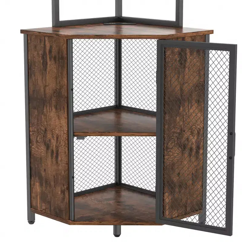 VECELO Bibliothèque d'angle haute 63" - Étagère d'angle 6 niveaux - Meuble de rangement avec éclairage LED et station de recharge - Petit espace - Marron/Gris/Or