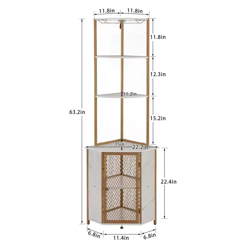 VECELO Bibliothèque d'angle haute 63" - Étagère d'angle 6 niveaux - Meuble de rangement avec éclairage LED et station de recharge - Petit espace - Marron/Gris/Or