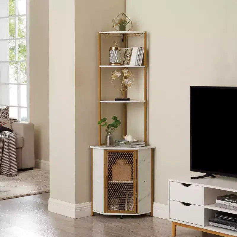 VECELO Bibliothèque d'angle haute 63" - Étagère d'angle 6 niveaux - Meuble de rangement avec éclairage LED et station de recharge - Petit espace - Marron/Gris/Or
